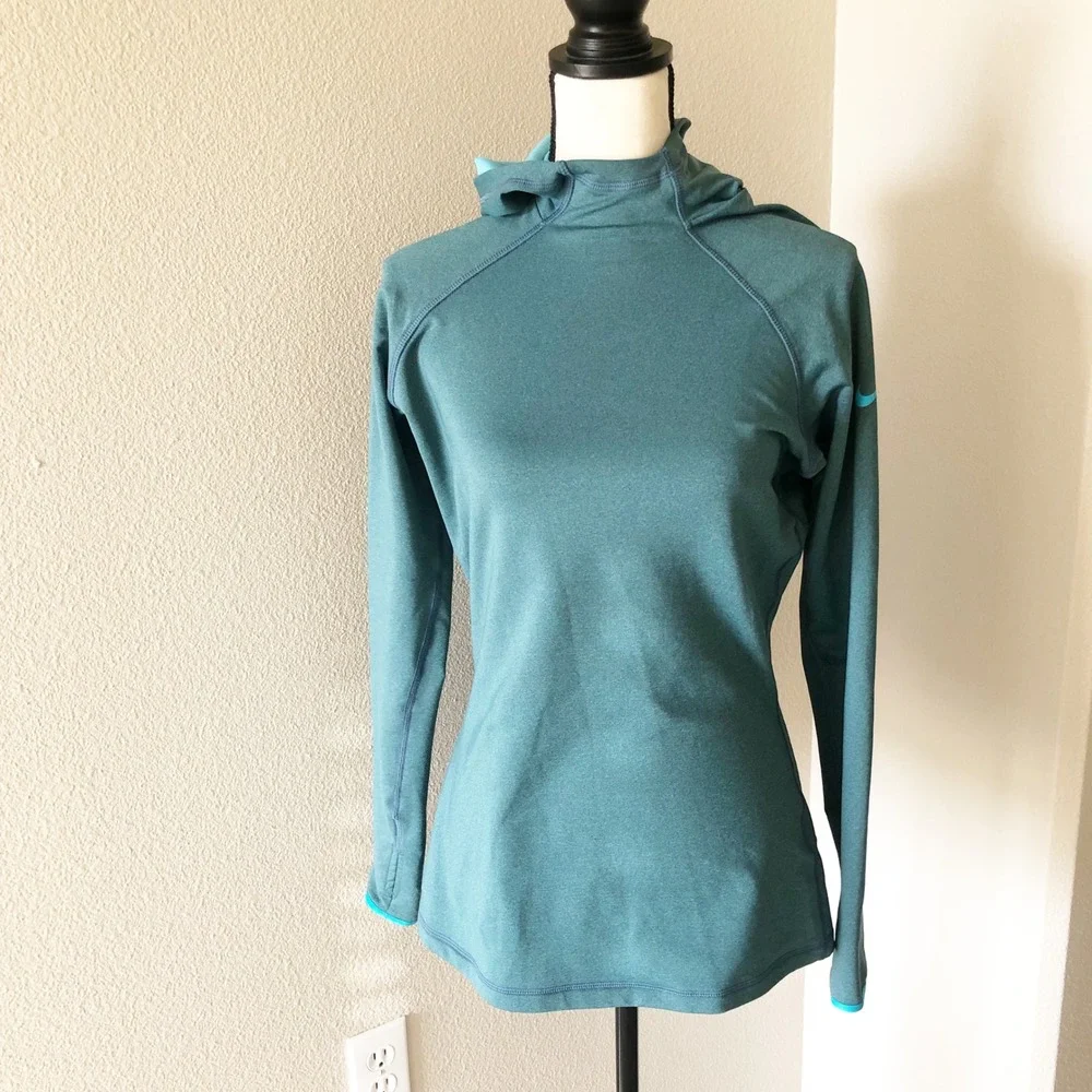 Nike Sweatshirt Womens Large Pro Hoodie Teal Green Long Sleeve